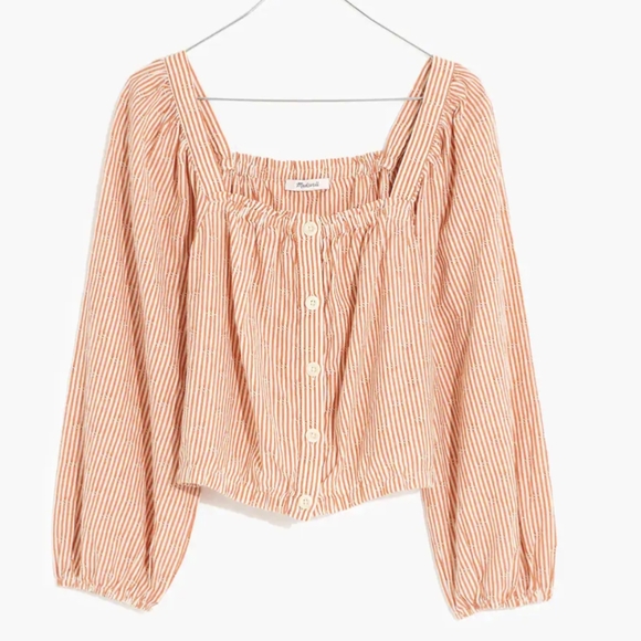 Madewell | Puff-Sleeve Crop Top Embroidered Stripe Orange White Large - Picture 1 of 15